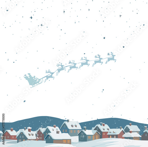 Magical Santa sleigh with reindeer soars across starry winter night sky over charming snow-covered village bringing holiday cheer