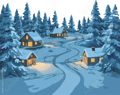 Cozy winter village nestled in snowy forest with warm lights glowing from cabins invitingly