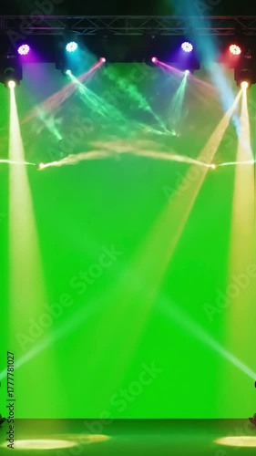 Dynamic Light Choreography with dj stage lights on green screen background beams spotlights chroma key 4k video effect copy space distortion, overlay, glitch, static noise, scan lines black
