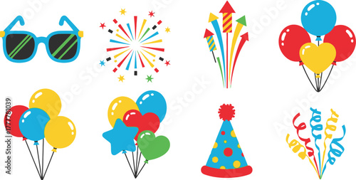 Festive party elements including balloons, confetti, sunglasses, and a party hat