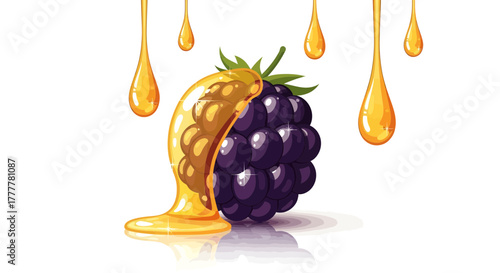 Sweet Blackberry Doused In Golden Syrup With Droplets Against White Backdrop