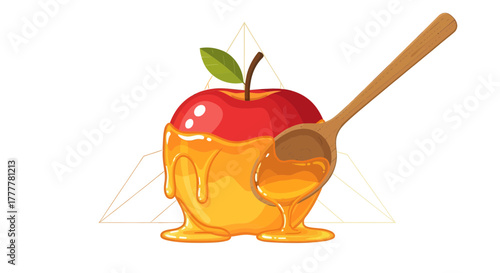 Sweet Red Apple Dipped in Caramel Syrup With Wooden Spoon on White Background