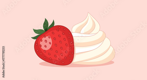 Sweet Strawberry Beside Creamy Swirls Against Light Peach Backdrop, Delicious Dessert