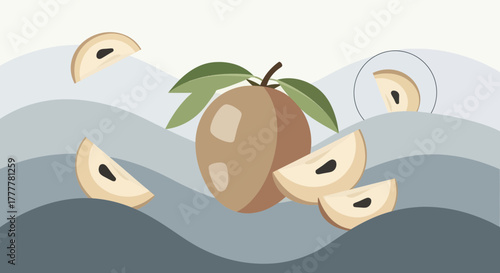 Stylized Sapodilla Fruit With Slices And Foliage, Artistic Botanical Illustration
