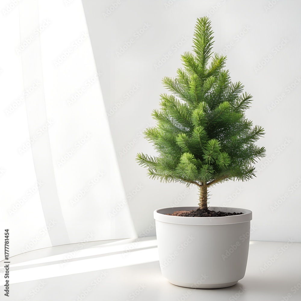 Fototapeta premium Mini Potted Christmas Tree: Small Live Evergreen in White Pot