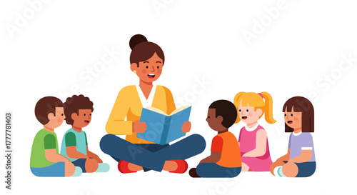 Teacher Reads Story To Young Students, Promoting Education And Illustration With Pupils