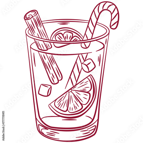 Christmas lemonade glass with candy can and cinnamon. Glass for Xmas, New year or winter holidays. Vector line art winter drink. Glass of ice lemonade with cinnamon