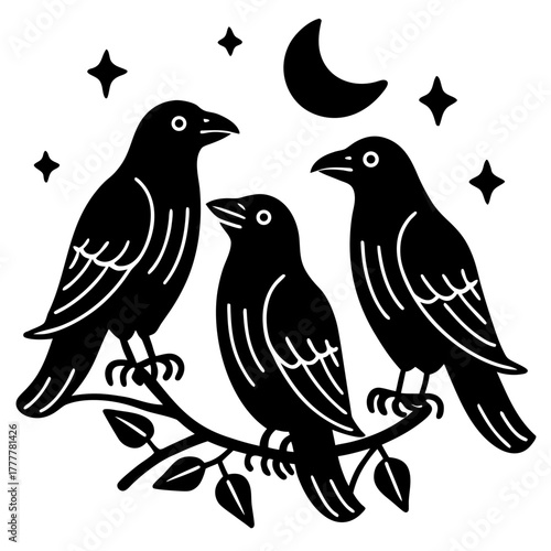 Three ravens under the moon and stars, a mystical scene