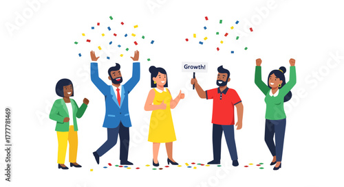 Team Celebrating Success with Growth Sign and Festive Confetti on a Black Background