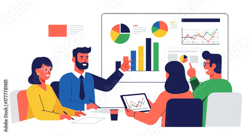 Team Discussing Data Analysis and Strategies during a Business Meeting Presentation