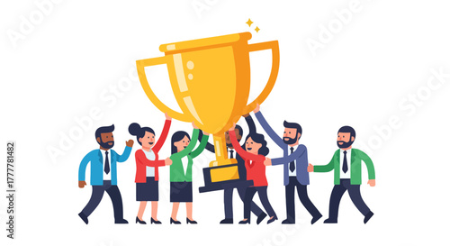 Team Celebrates Victory, Holding Golden Trophy High After Achieving Success Together