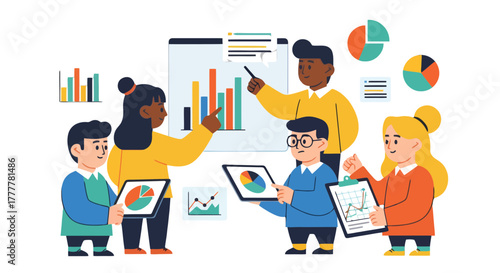 Team Discussing Data Analysis and Statistics with Visual Presentation for Success