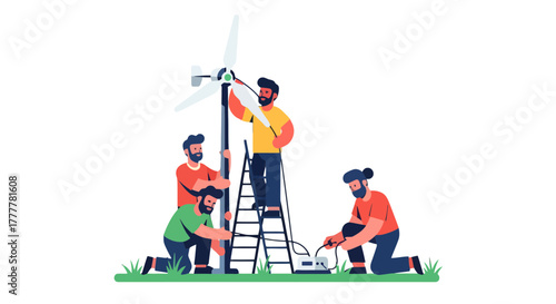 Team Of Engineers Cooperate Assembling Renewable Energy Wind Turbine For Sustainable Power