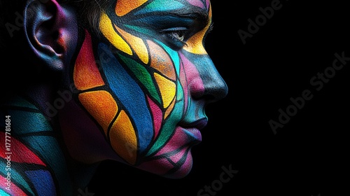 colorful facial body art showcasing vibrant abstract makeup design focused on eye and cheek area