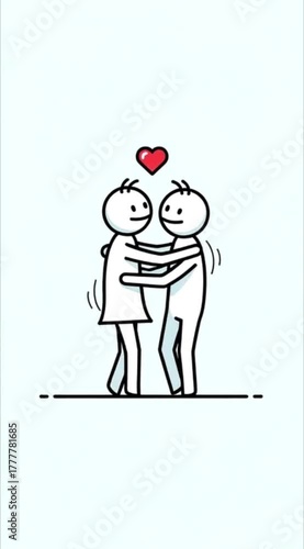 Animated Couple Hugging Each Other with Heart Above Head in Simple Cartoon Style