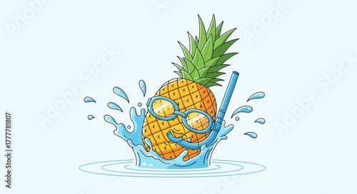 Summer Fun: Pineapple With Swim Goggles And Snorkel In Turquoise Water