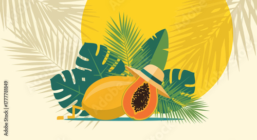 Summer Papaya Delight With Hat And Tropical Leaves On A Yellow Sunny Background
