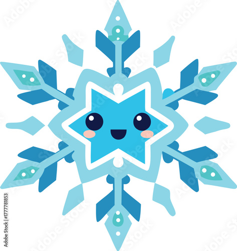 Cute kawaii snowflake character with big eyes and happy smile