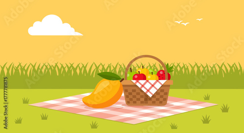 Summer Picnic Scene Depicts Relaxation, Nature, Fresh Mango, And Basket Of Fruits