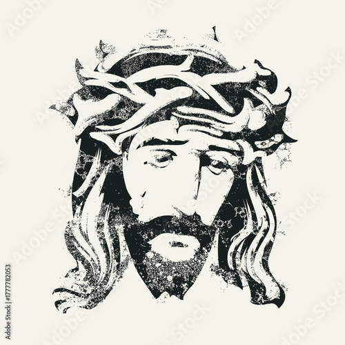 Easter banner or greeting card with portrait of crying Jesus Christ wearing crown of thorns on light background. Vector illustration on religious theme with Son of God. No ai