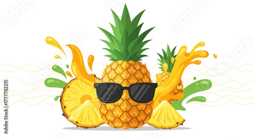 Summer Vibe: Refreshing Pineapple Illustration with Sunglasses and Juice Splash