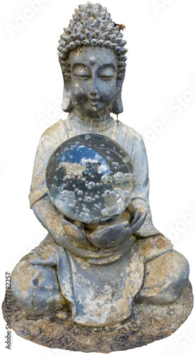 A Buddha figurine covered in spiderwebs with a glass ball. Isolated PNG. Siddhartha Gautama, commonly referred to as the Buddha the awakened one. Wandering ascetic, religious teacher, founded Buddhism