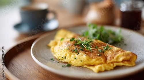 Plate of food on a wooden table. the plate is round and has a light brown color. on the plate, there is an omelette that is golden brown and appears to be freshly cooked.
