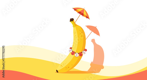Sunbathing Fruits: A Whimsical Banana Paradise with Parasols and Beachy Vibes
