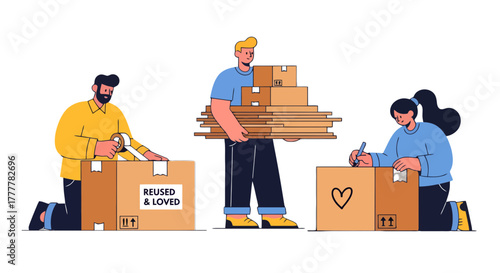 Teamwork And Community Members Preparing, Packaging Boxes, Ready For Shipment Or Donation