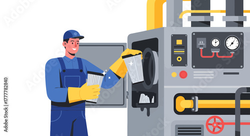 Technician Changing Air Filters in Industrial Equipment, Maintaining Machinery for Peak Performance