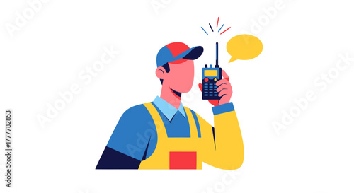 Technician Communicating With Radio Transmitter Against Black Background, Isolated Illustration