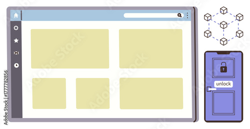 Web browser window next to a blockchain icon network and a locked door marked unlock. Ideal for cybersecurity, blockchain, data access, encryption, privacy, networking, simple flat metaphor