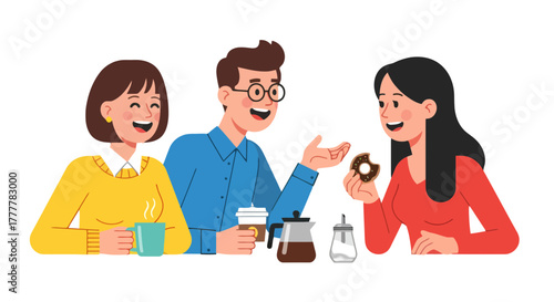 Three Friendly Individuals Engaging In Conversation Over Beverages and Snacks Together
