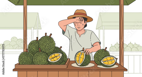 Tired Durian Vendor in The Heat Selling Fresh Fruits in An Outdoor Market Stall