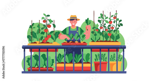 Urban Gardener Nurturing Tomatoes And Greens Within Balcony Planters With Care