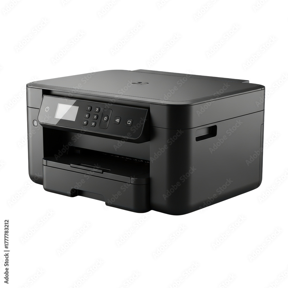 Fototapeta premium Modern black wireless printer with control panel and paper tray