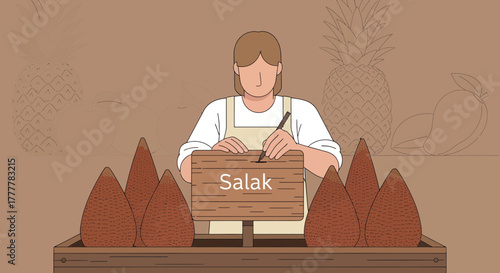 Vendor Writing Salak Sign With Assortment Of Fruits Background Design For Food Advertising