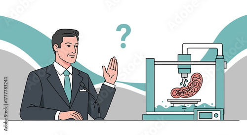 Illustration showcasing a confused presenter and the 3D bio-printing of a mitochondrion cell