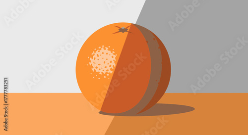 Vibrant Abstract Illustration of a Singular Orange Fruit with Geometric Shadowing