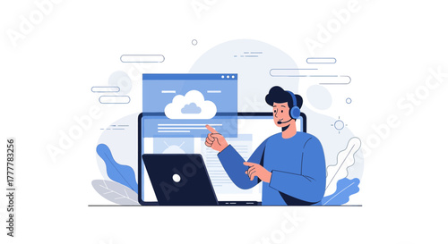 Illustration showcasing a customer service agent assisting with cloud technology issues online