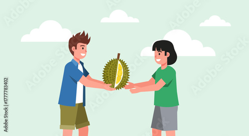 Two People Exchanging A Fresh Durian Fruit Under A Cloudy Sky Scene