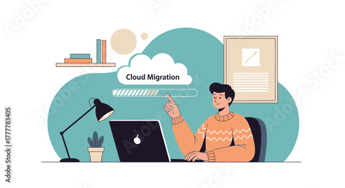 Illustration showcasing cloud migration process with a man working on his laptop at home