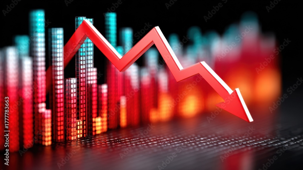 Fototapeta premium Red arrow pointing down, stock market crash, financial crisis, economic recession, business failure, isolated on black background, concept of investment risk and loss, product photo