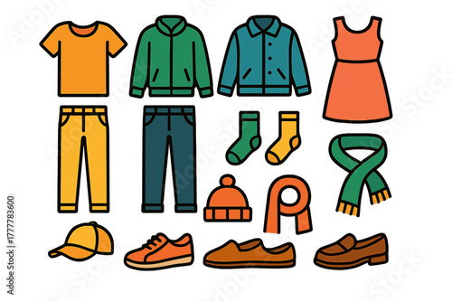 Colorful collection of casual clothing items and fashion accessories including outerwear and footwear