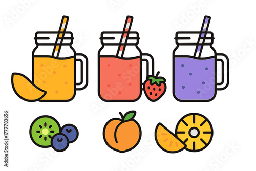 Set of three colorful fruit smoothies in glass jars with fresh fruit slices and berries