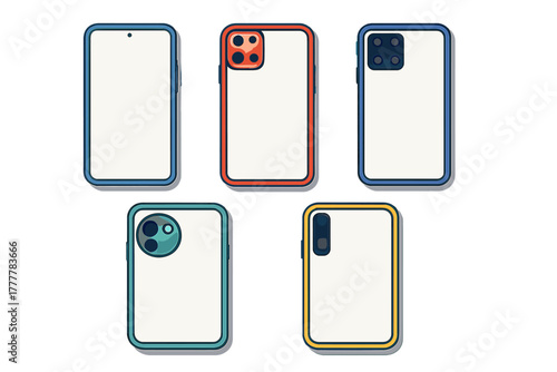 Five blank screen mobile phone mockups with various camera layouts and colorful protective cases