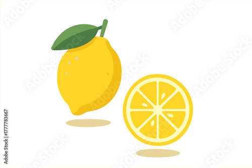 Ripe yellow lemon fruit with stem and leaf next to a juicy citrus slice