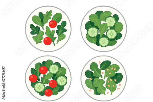 Four fresh green salads in bowls with healthy ingredients like arugula spinach cucumber and tomatoes