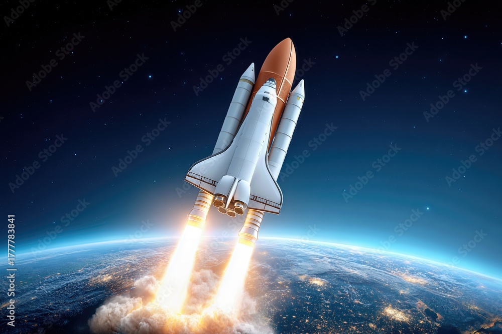 Naklejka premium Futuristic space shuttle launch over Earth with fiery boosters igniting into the night sky