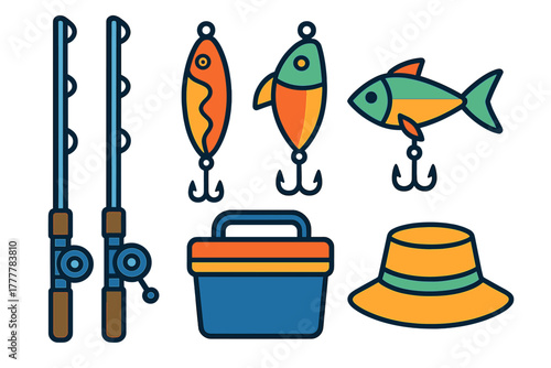 Fishing equipment set featuring rods, artificial lures, tackle box, and sun hat